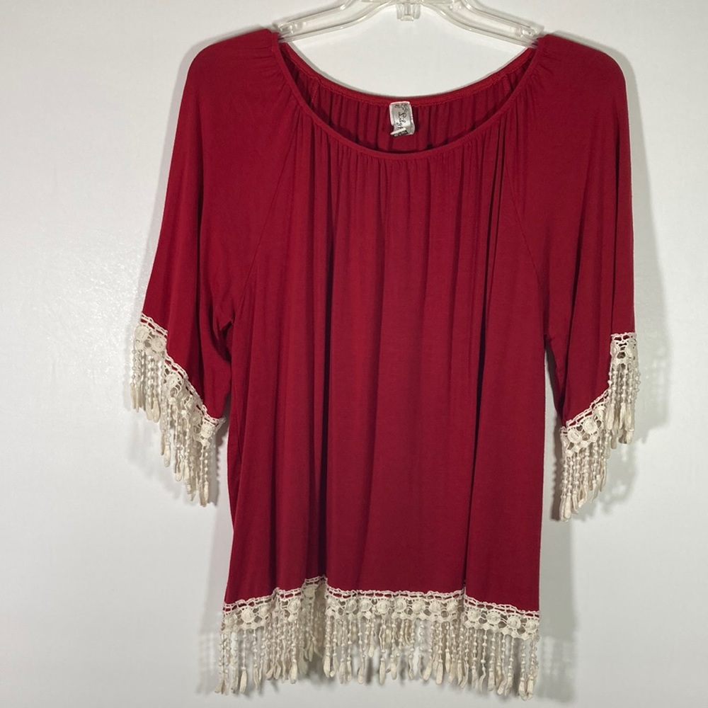 Lily pad Elastic Neck Fringe Sleeve & Bottom Comfort Stretch Top Size 3X